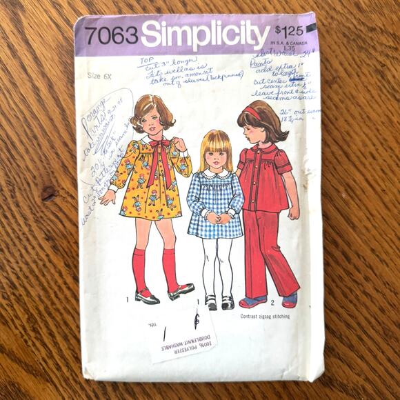 Vintage 1970s Simplicity 7063 Sewing Pattern Girl Sz 6X Dress Top Pant COMPLETE - Picture 1 of 2